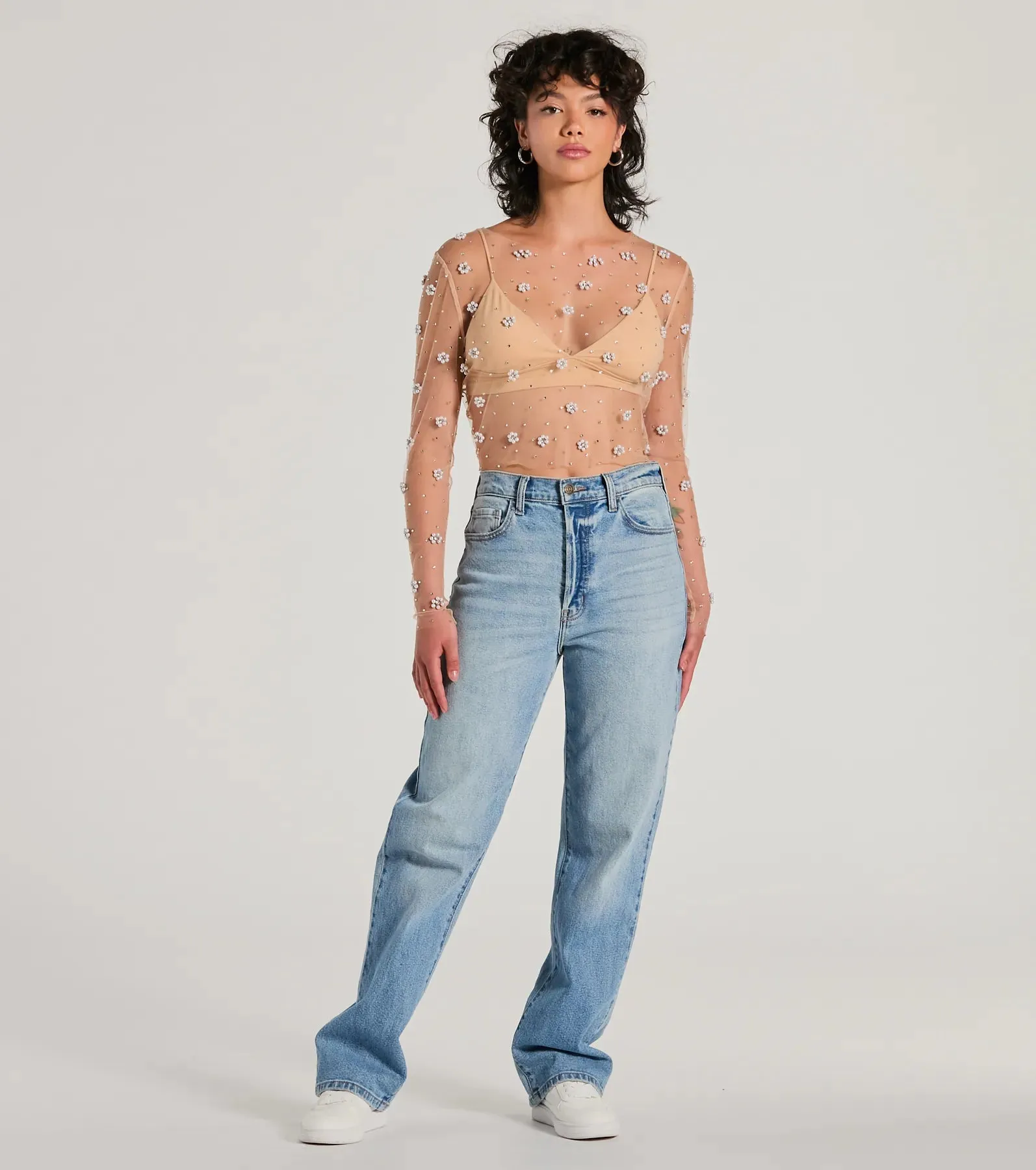 Flirty Floral Rhinestone Pearl Sheer Mesh Crop Top sold by Windsor product image thumbnail 3