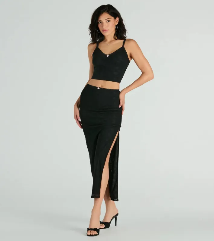 Alluring Dream High-Rise Lace Rosette Maxi Skirt sold by Windsor