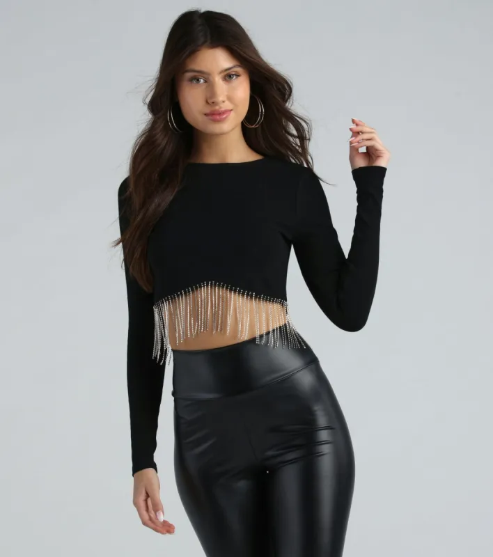 Glam Experince Rhinestone Fringe Crop Top sold by Windsor