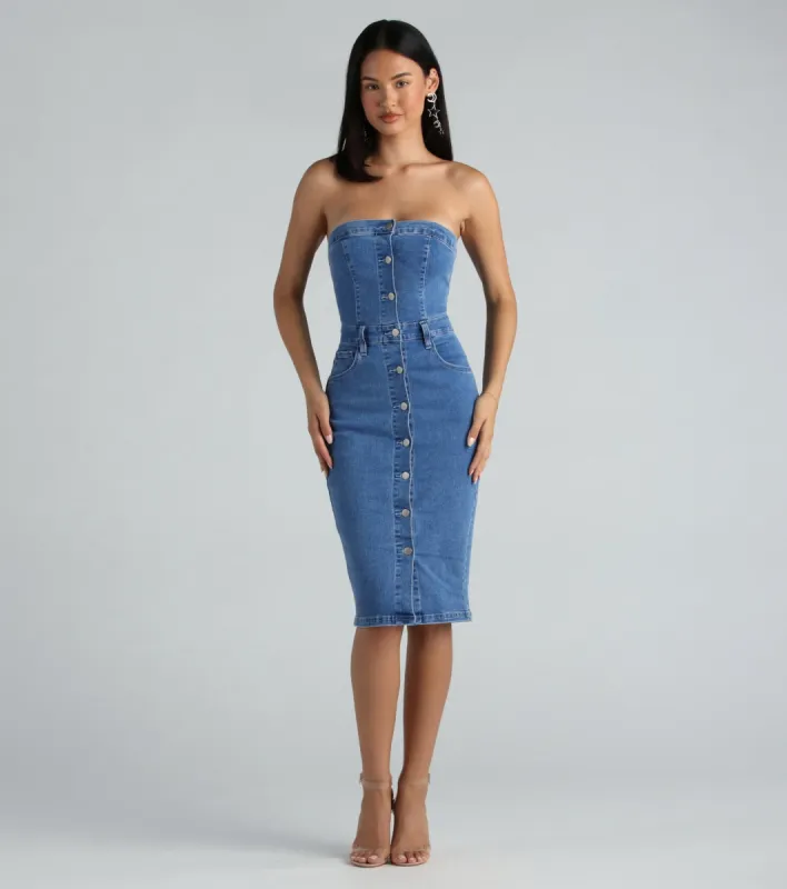 On The Down Low Denim Strapless Midi Dress sold by Windsor