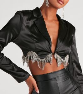 Iconic Glam Rhinestone Satin Cropped Blazer sold by Windsor
