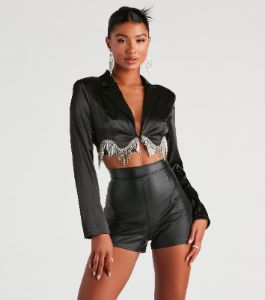 Iconic Glam Rhinestone Satin Cropped Blazer sold by Windsor