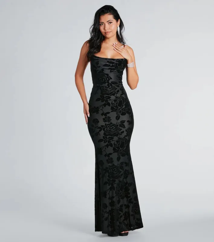 Ally Formal Velvet Burnout Lace-Up Mermaid Dress sold by Windsor
