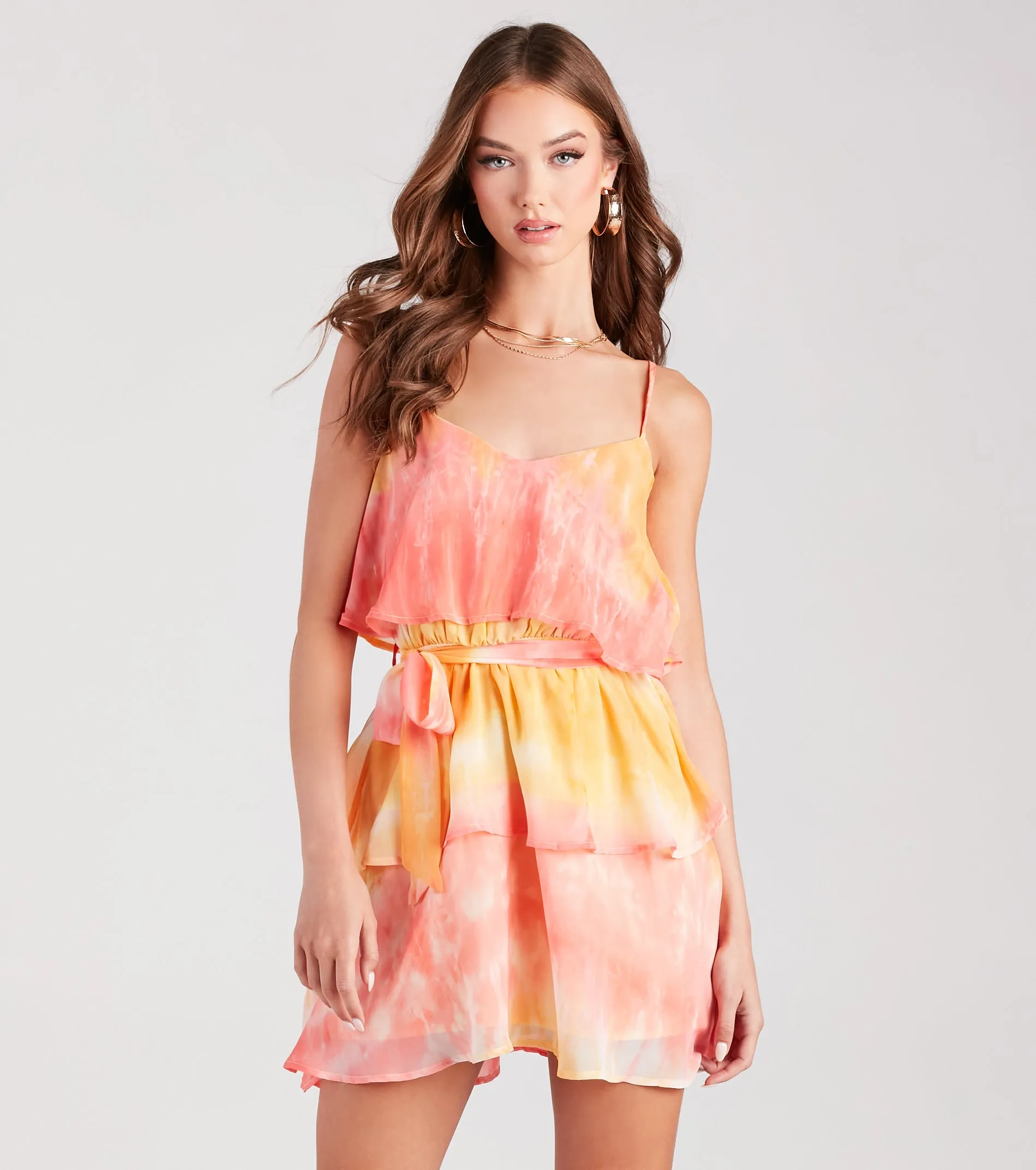Daydreamer Tie-Dye Ruffled Chiffon Mini Dress sold by Windsor