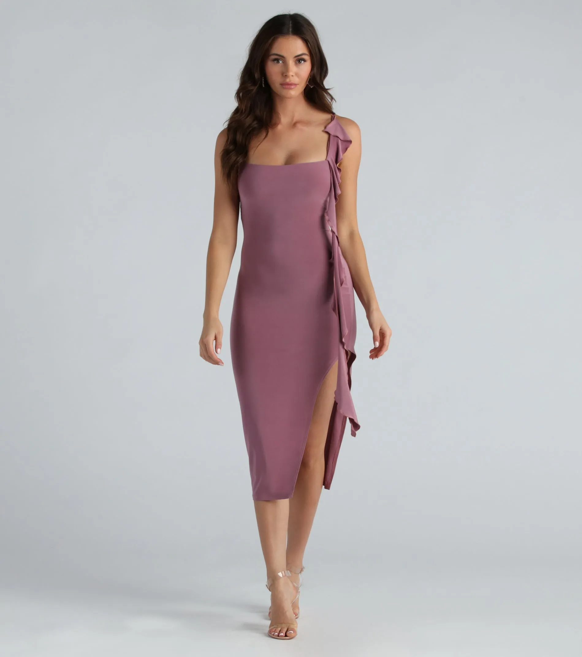 Dare To Be Noticed Ruffle Slit Midi Dress sold by Windsor