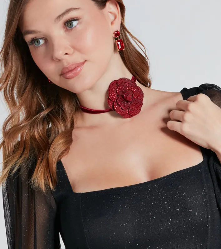 Charm Them All Rhinestone Rosette Choker Necklace sold by Windsor