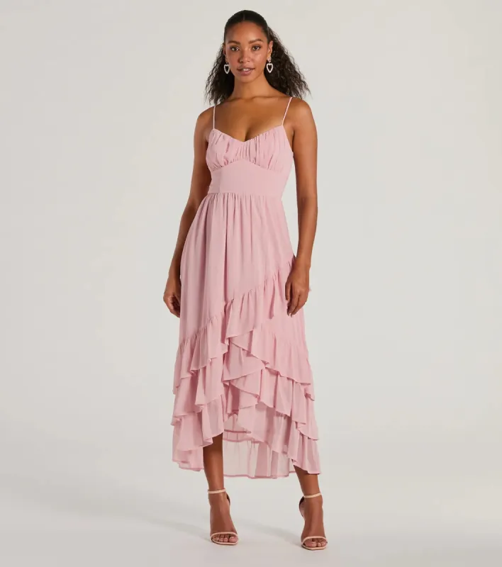 Cause For Celebration V-Neck Ruffle Chiffon Midi Dress sold by Windsor