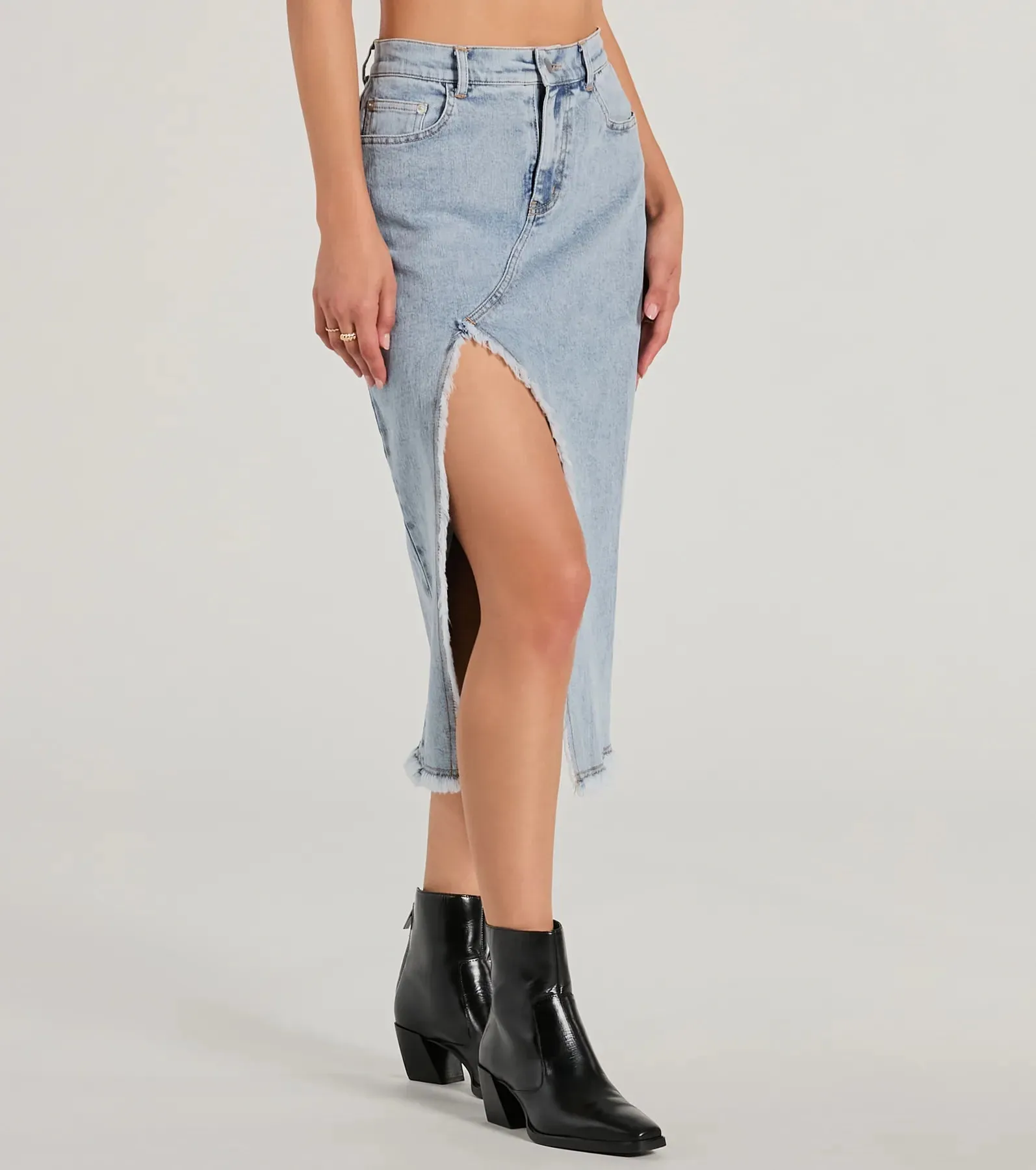 Cool Composure High-Rise Frayed Slit Denim Midi Skirt sold by Windsor product image thumbnail 4