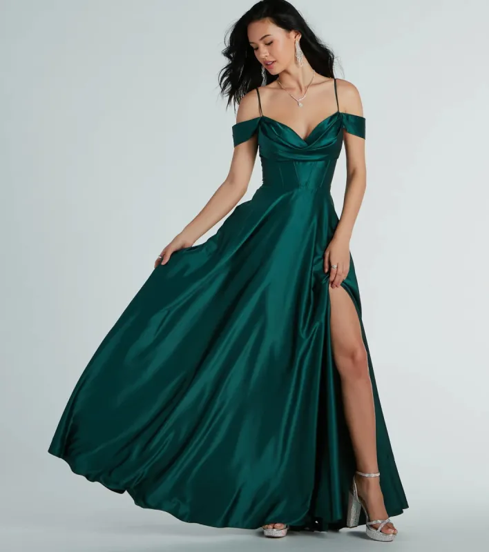 Alira Cold Shoulder A-Line Satin Formal Dress sold by Windsor