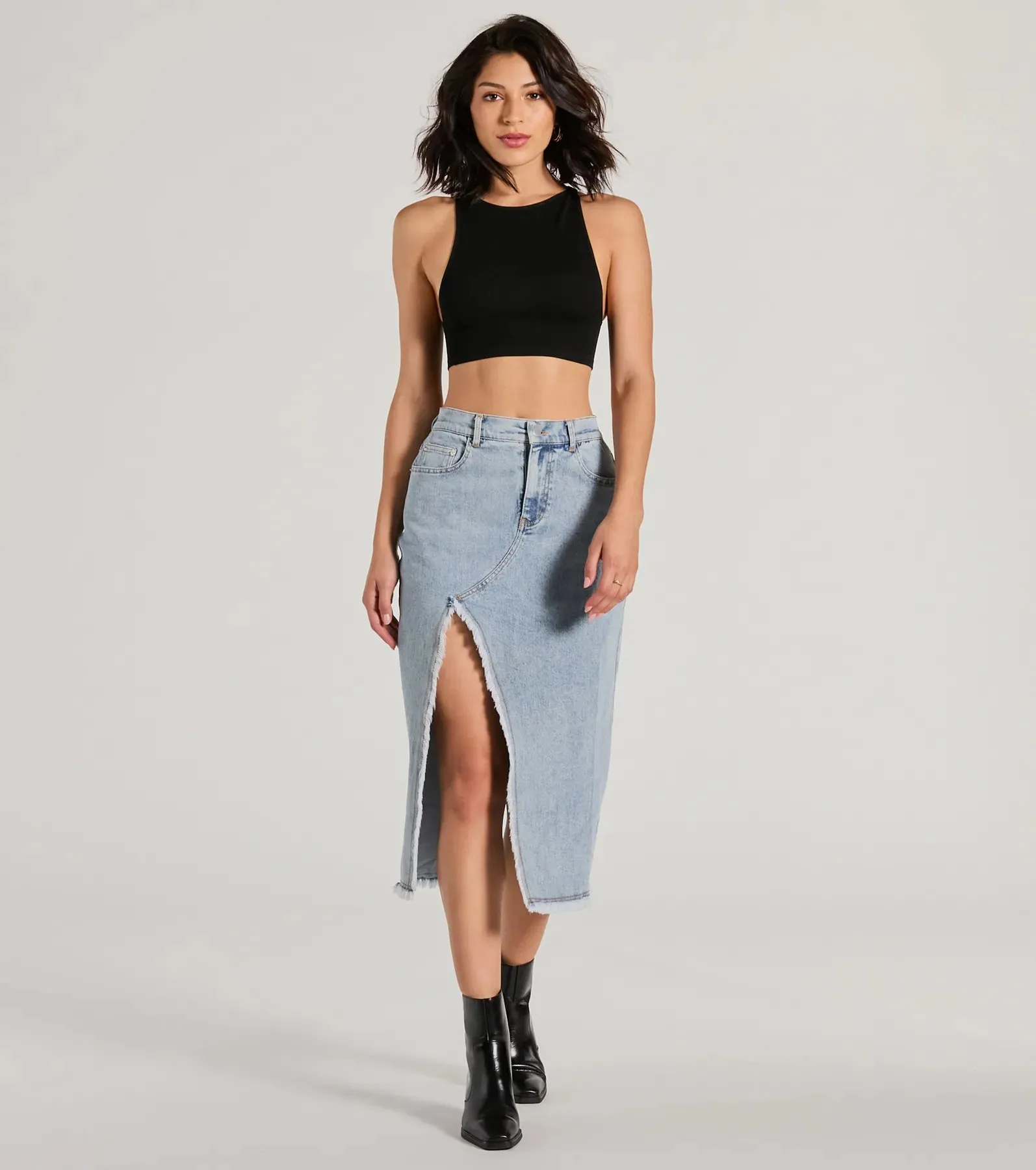 Cool Composure High-Rise Frayed Slit Denim Midi Skirt sold by Windsor