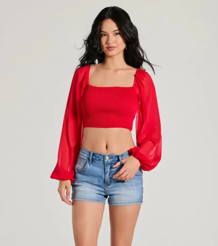 CLEARANCE - Too Sweet Long Sleeve Smocked Chiffon Crop Top sold by Windsor