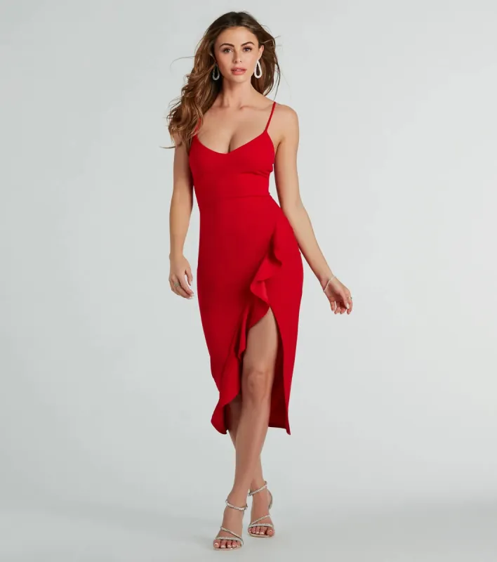 Curve Views V-Neck Ruffled Crepe Midi Dress sold by Windsor