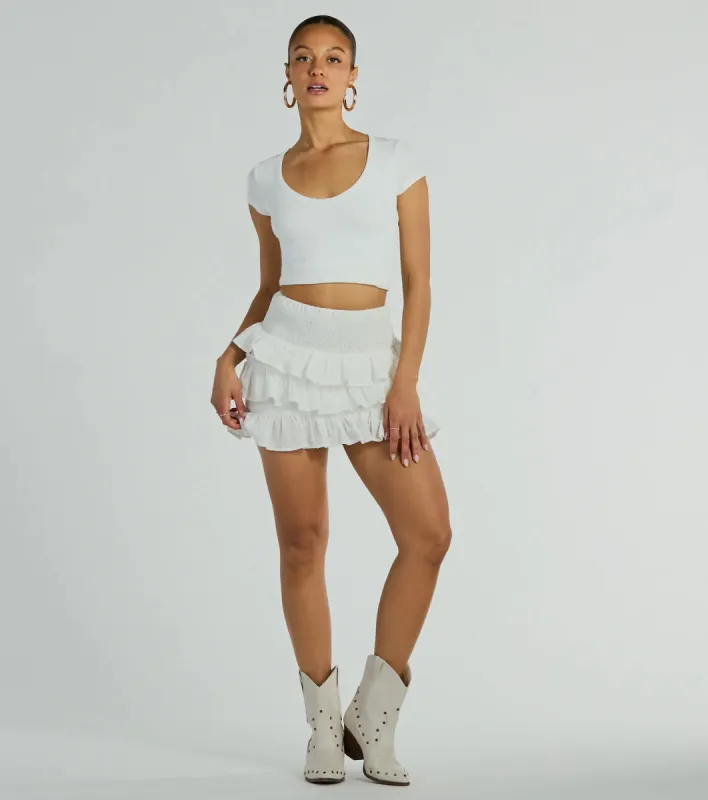 Flirty Flounce Smocked High-Rise Ruffle Mini Skirt sold by Windsor
