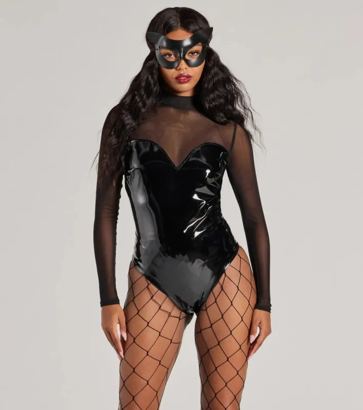 Daring Feline Mesh And Faux Leather Bodysuit sold by Windsor