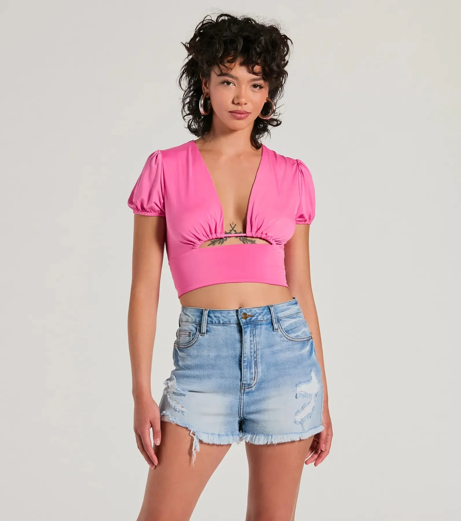 Simply Adorable Puff Sleeve Cutout Crop Top sold by Windsor