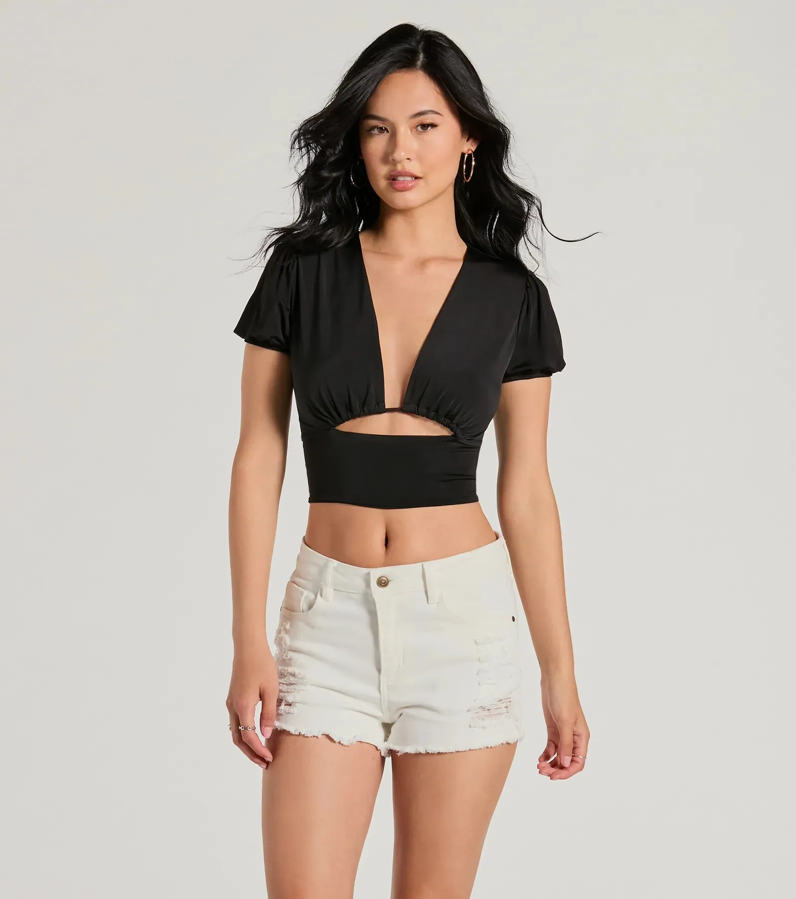 Simply Adorable Puff Sleeve Cutout Crop Top sold by Windsor product image thumbnail 5