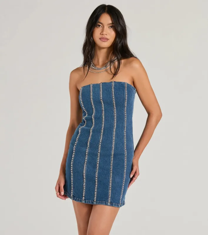 Tell Me About It Stud Strapless Denim Mini Dress sold by Windsor