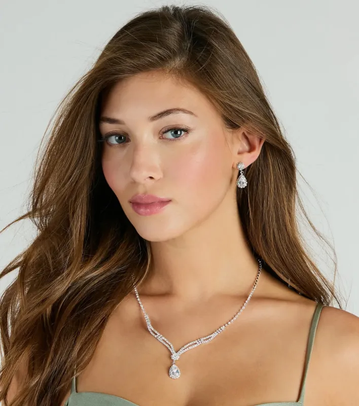 Glam Shine Teardrop Rhinestone Necklace And Earrings Set sold by Windsor
