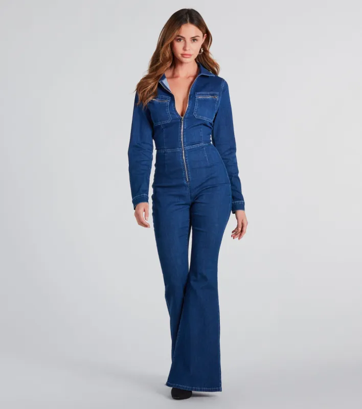 You've Got Flare Long Sleeve Denim Jumpsuit sold by Windsor