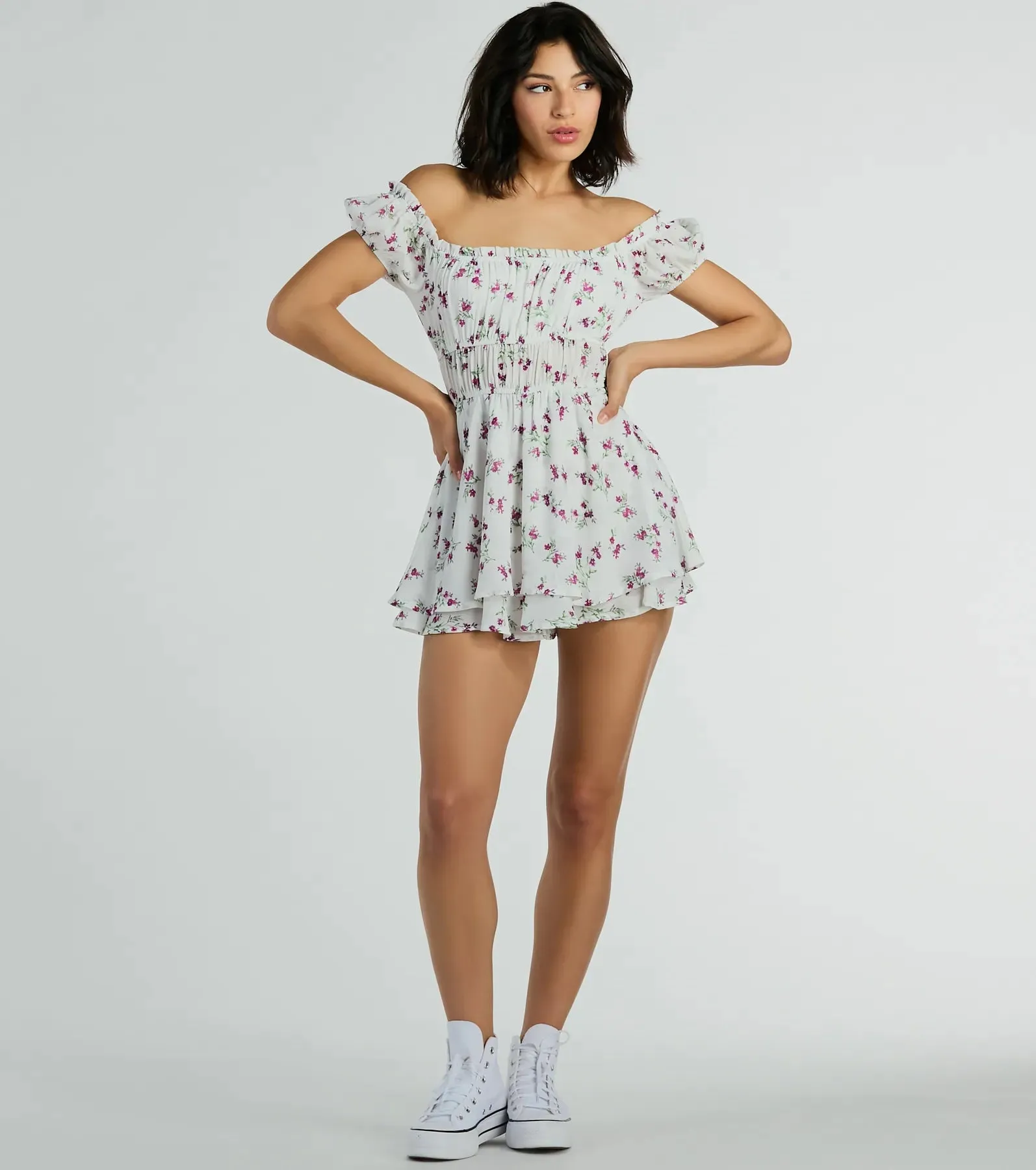Cutest Vibe Puff Sleeve Floral Chiffon Romper sold by Windsor