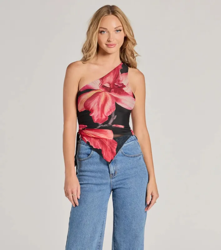 Pretty Bold One-Shoulder Floral Mesh Crop Top sold by Windsor