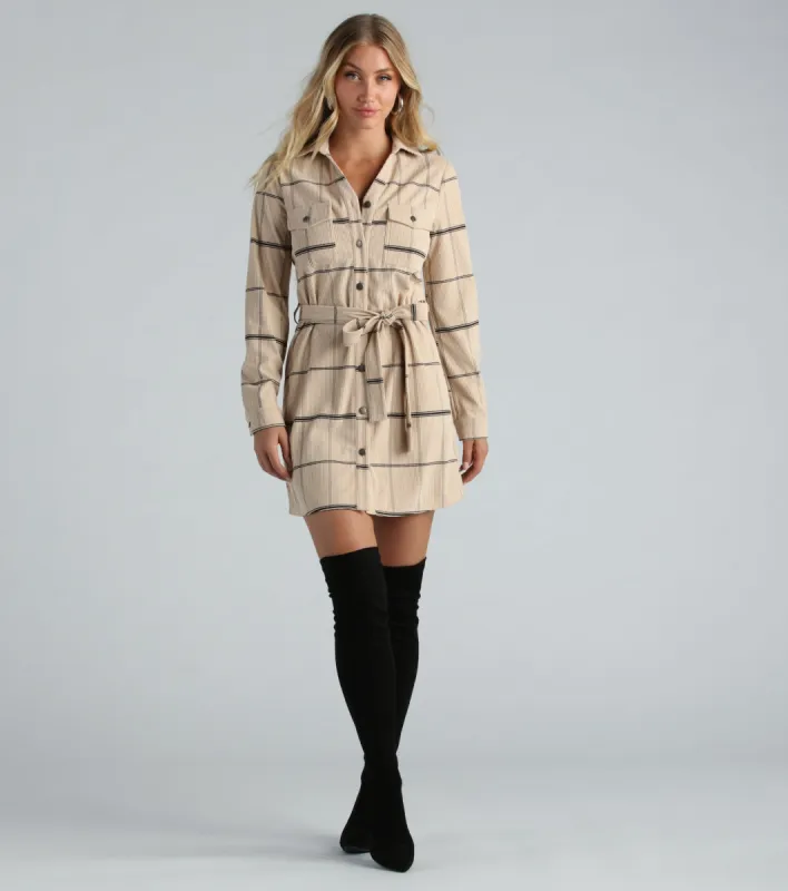 Poised in Plaid Belted Shacket sold by Windsor