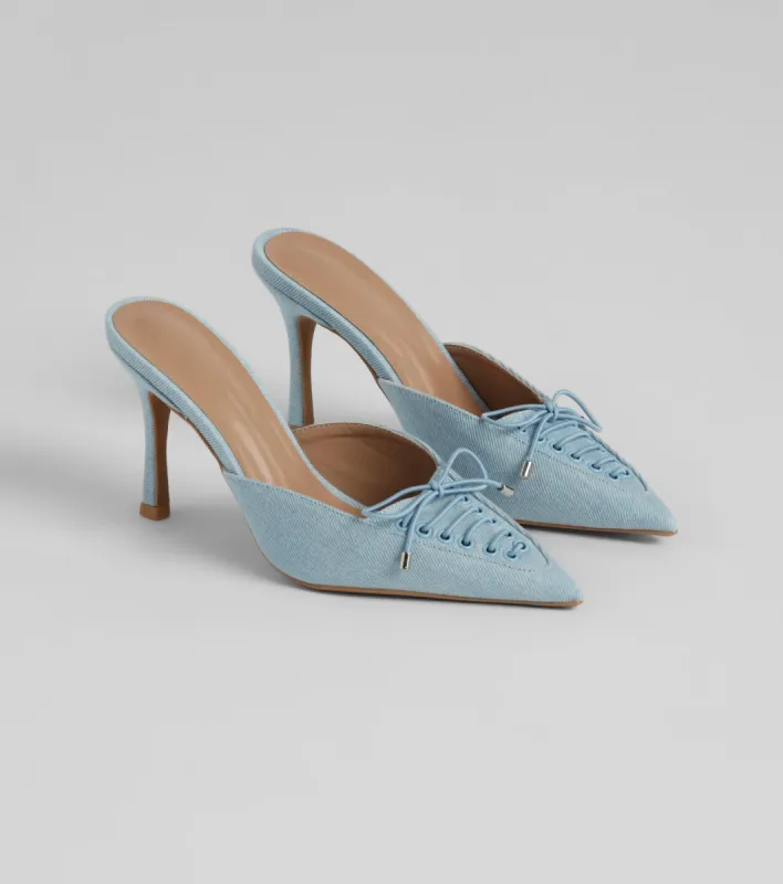 Vintage Allure Lace-Up Denim Stiletto Pumps sold by Windsor