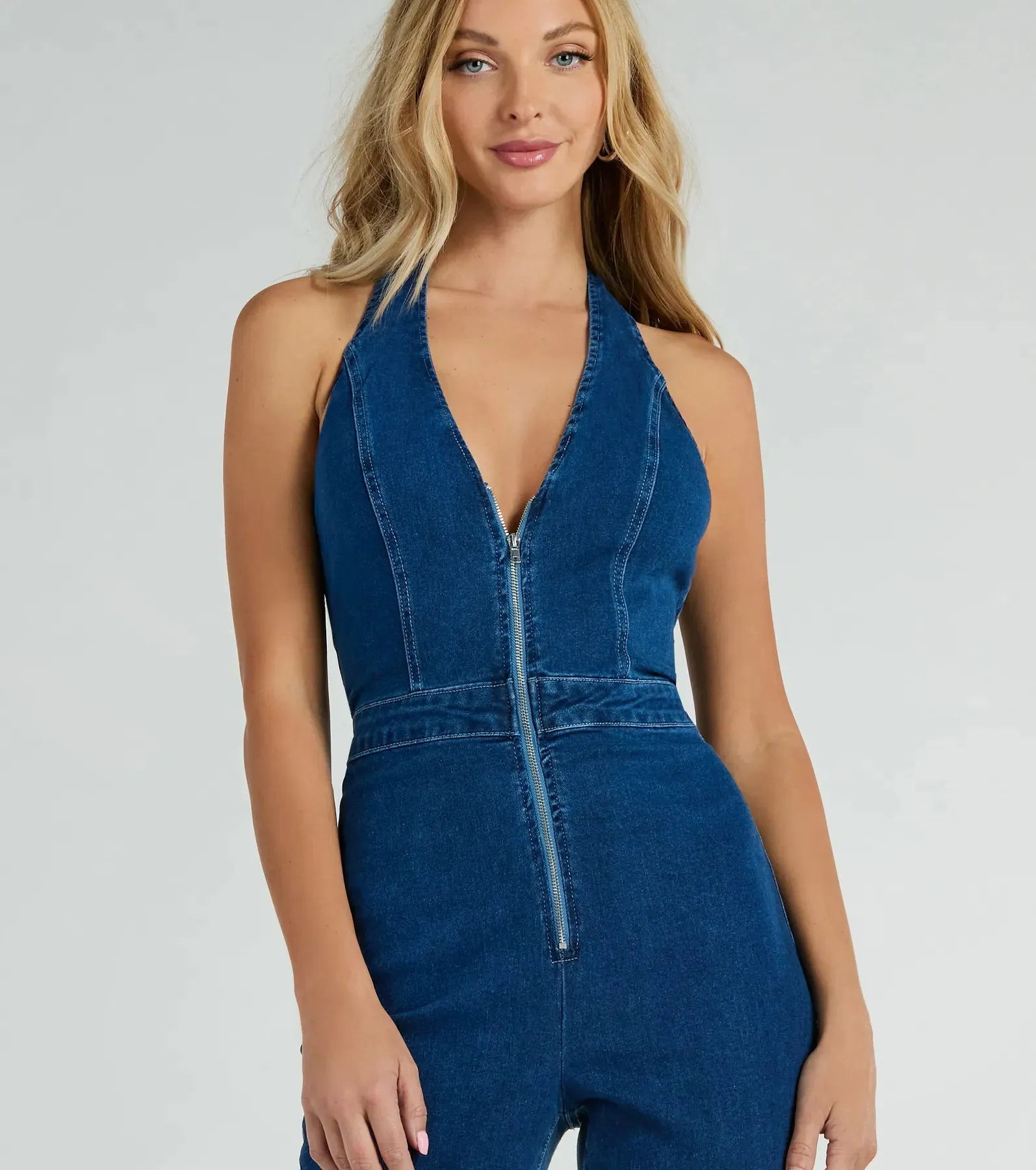 Coolest In Town Halter Zip-Up Flare Denim Jumpsuit sold by Windsor product image thumbnail 3