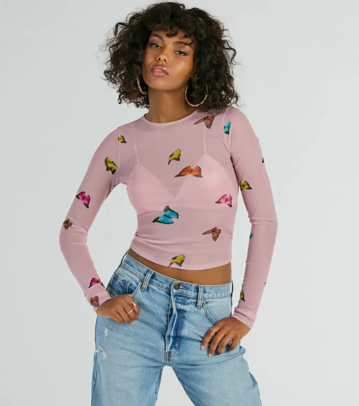 Butterfly Effect Long Sleeve Mesh Crop Top sold by Windsor