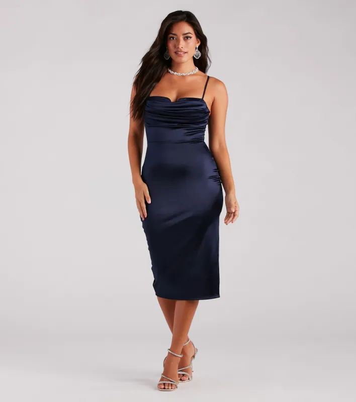 Feminine Chic Satin Cowl Neck Midi Dress sold by Windsor