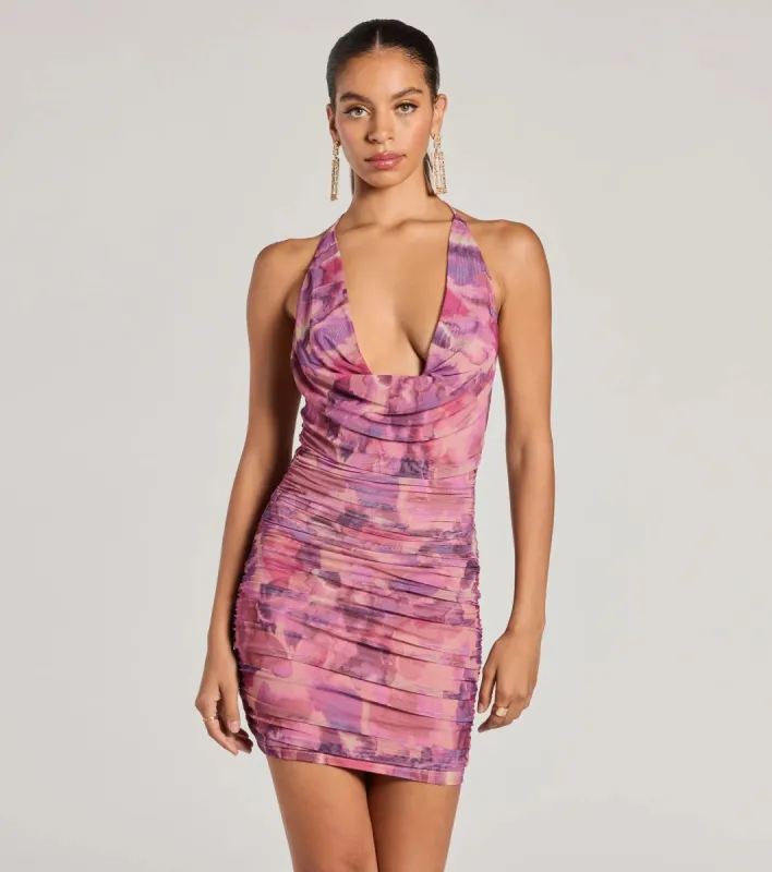 So Iconic Abstract Print Ruched Mini Dress sold by Windsor