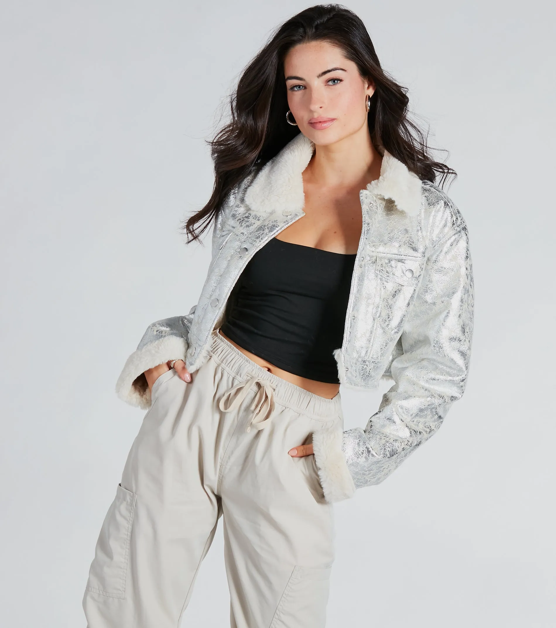 CLEARANCE - Pop Diva Status Metallic Faux Fur Crop Jacket sold by Windsor