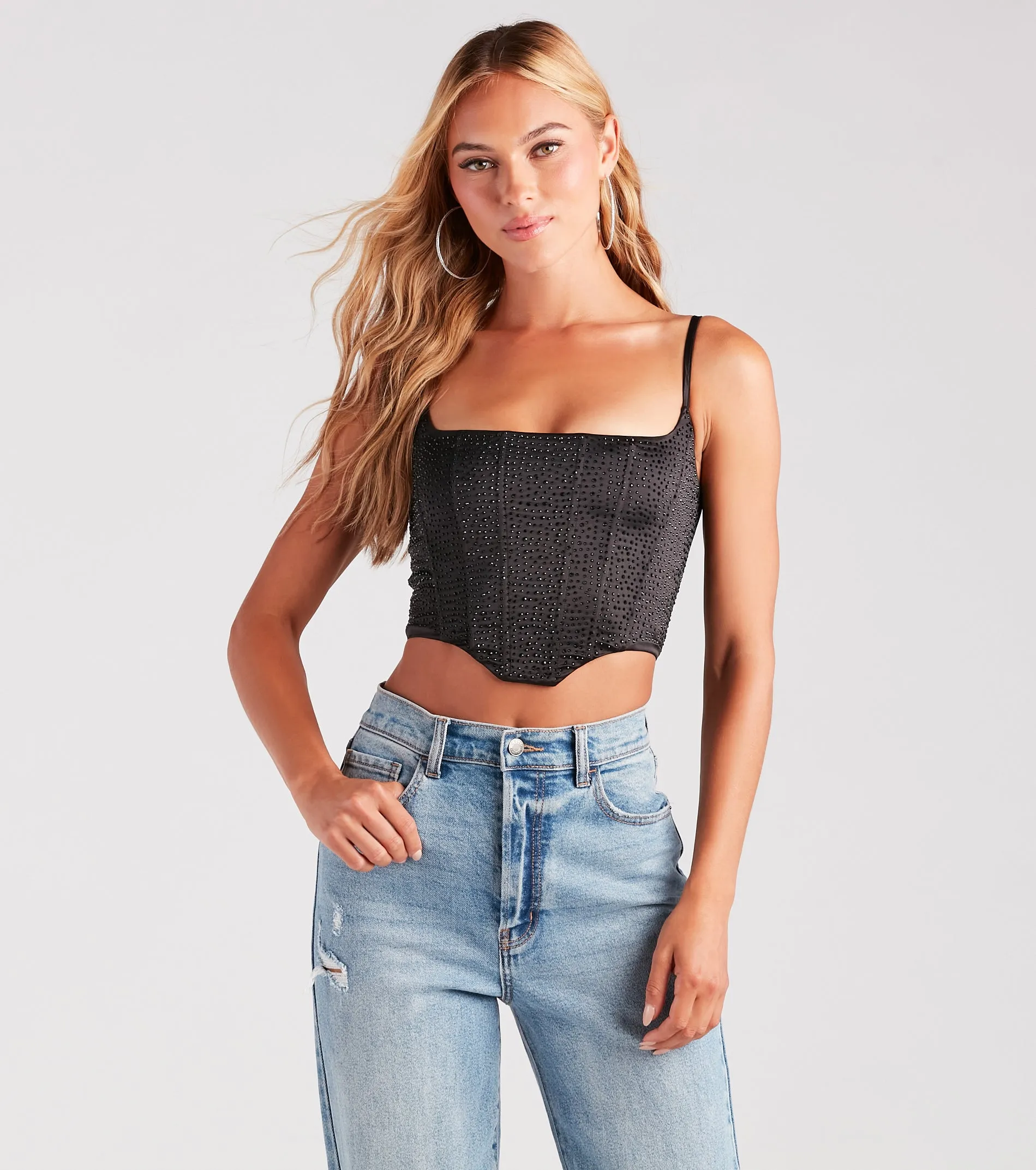 Heat Of The Moment Rhinestone Satin Corset Top sold by Windsor