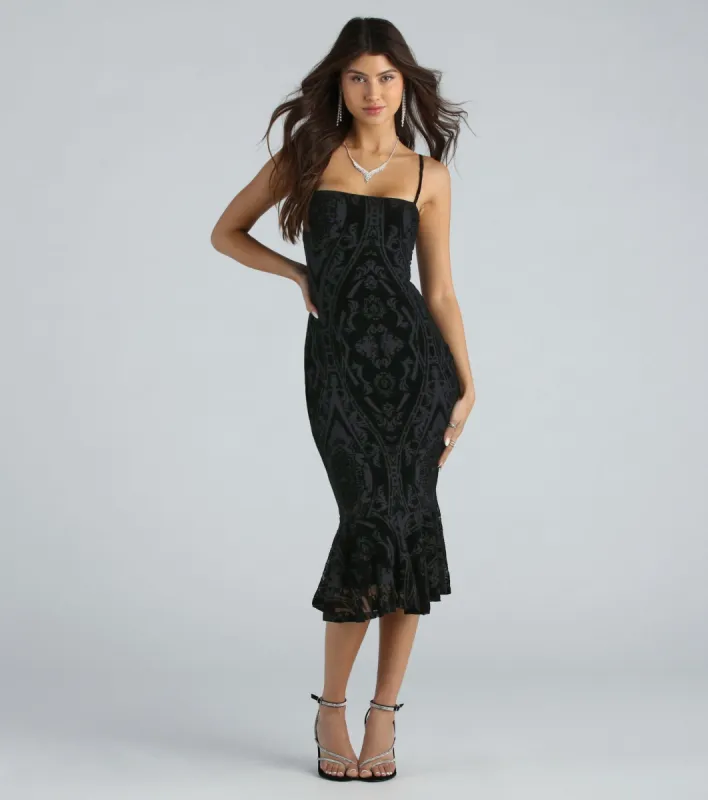 Step Out In Flocked Velvet Ruffle Midi Dress sold by Windsor