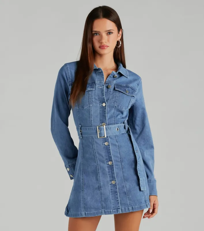 Season Of Fun Denim Collared A-Line Mini Dress sold by Windsor