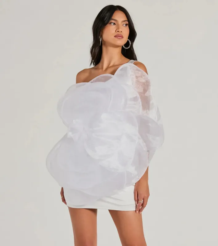 Kerry One-Shoulder Flower Satin Mini Dress sold by Windsor