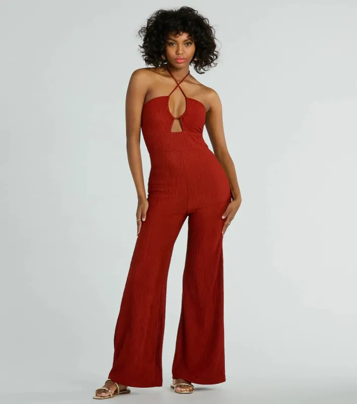 Sunny Energy Halter Cut Out Wide Leg Jumpsuit sold by Windsor