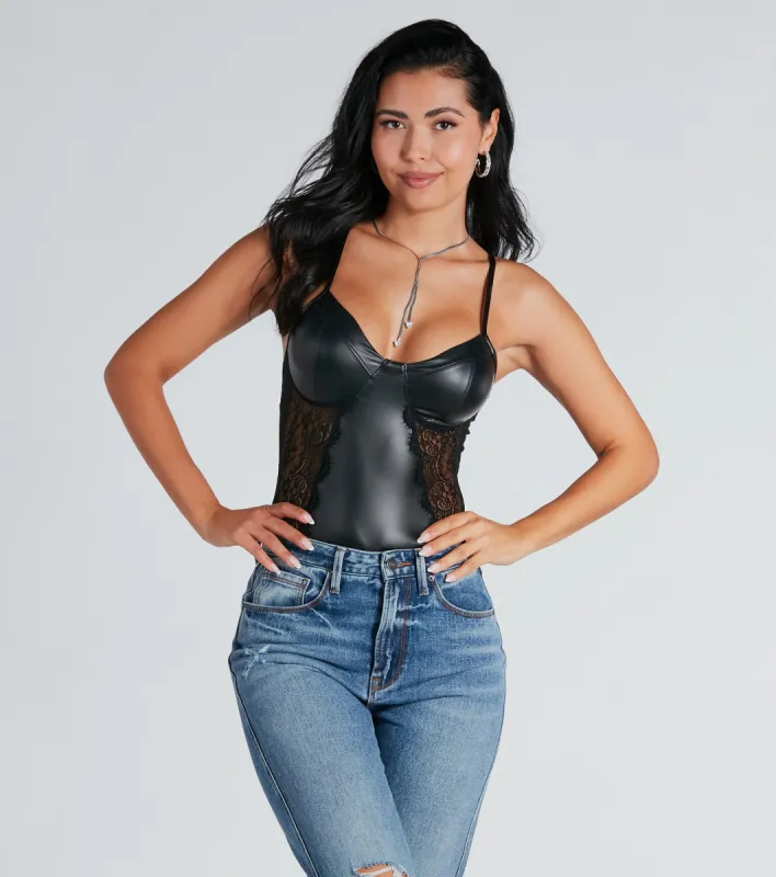 Stunning Allure Lace And Faux Leather Bodysuit sold by Windsor