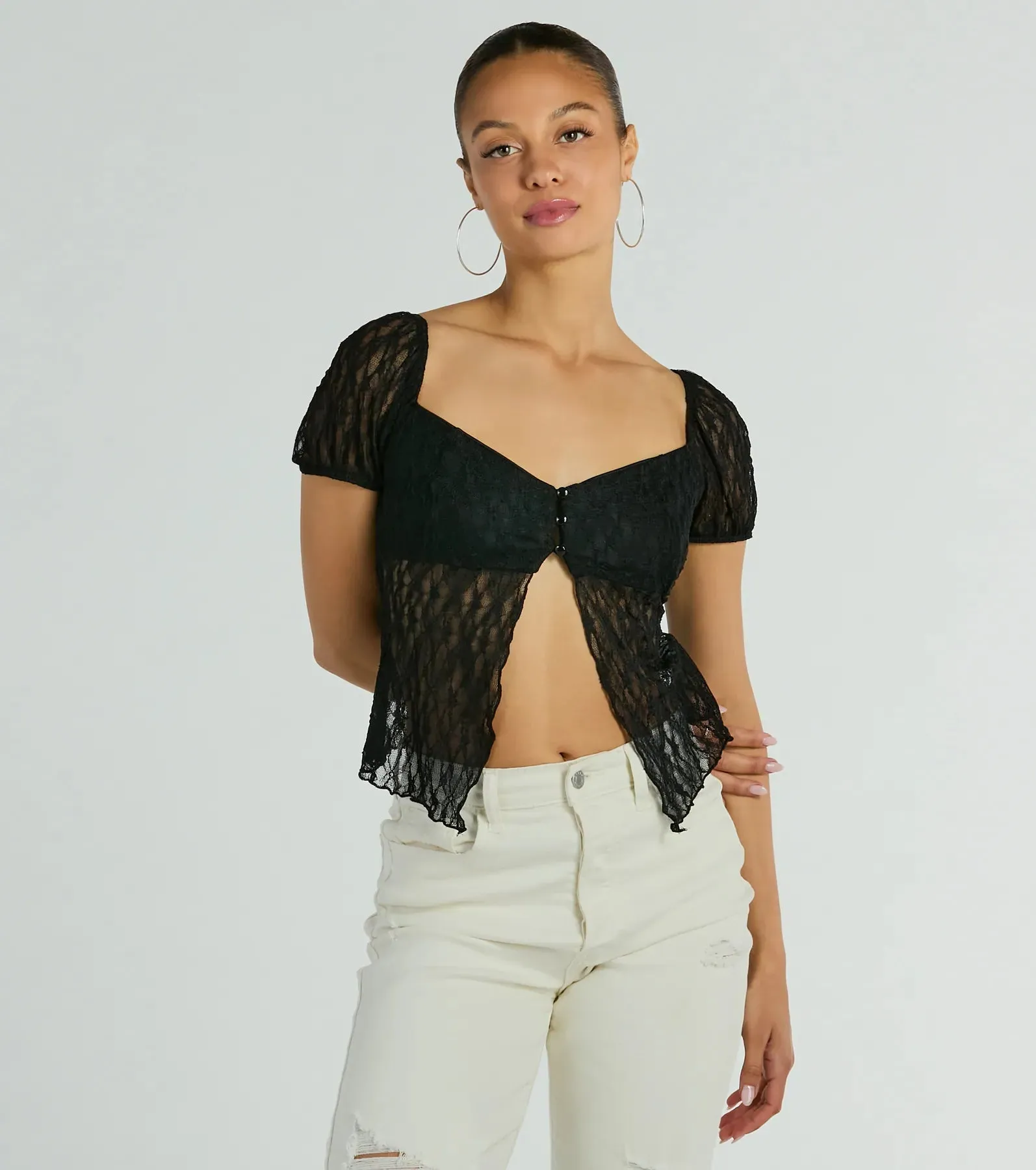Charm Me Puff Sleeve Lace Crop Top sold by Windsor