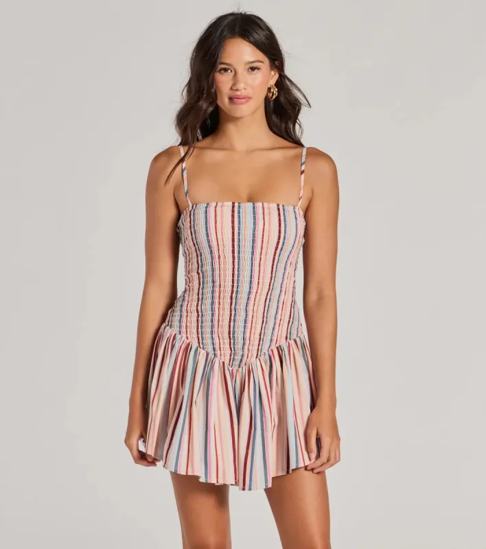 Refreshing Charm Smocked Striped A-Line Mini Dress sold by Windsor