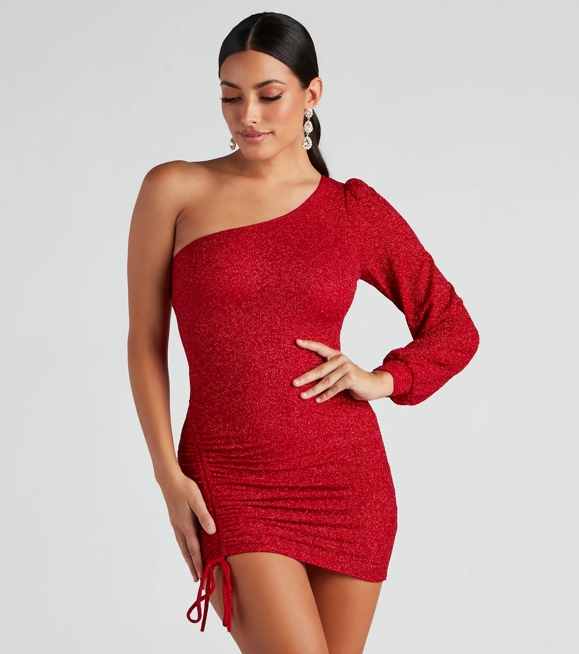 CLEARANCE - Evening Of Sparkle Balloon Sleeve Ruche Mini Dress sold by Windsor