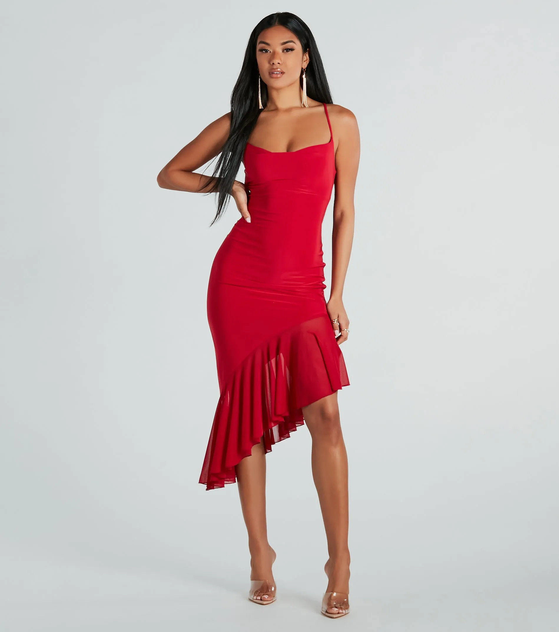 Timeless Allure Cowl Neck Mesh Ruffle Midi Dress sold by Windsor product image thumbnail 3