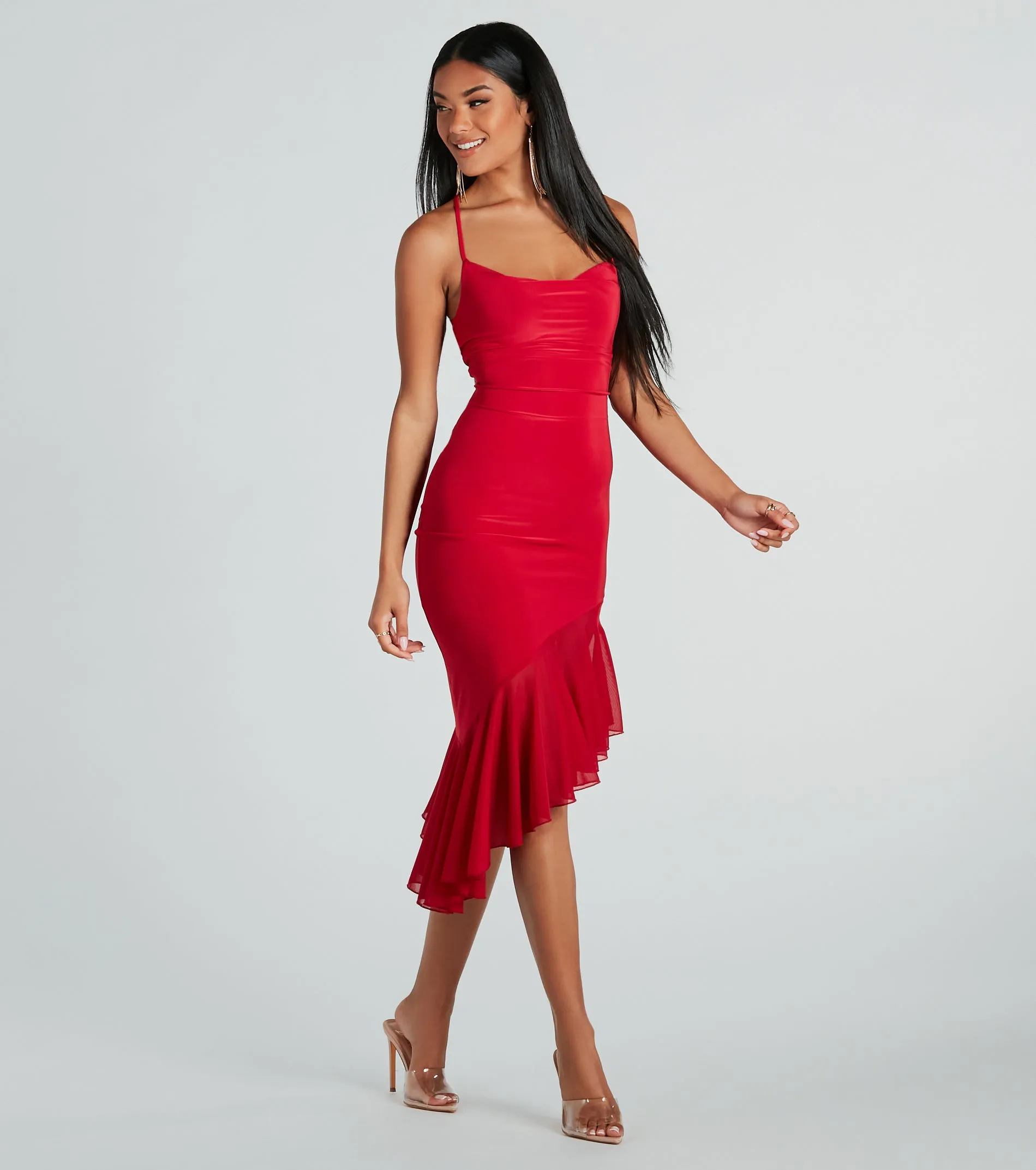 Timeless Allure Cowl Neck Mesh Ruffle Midi Dress sold by Windsor