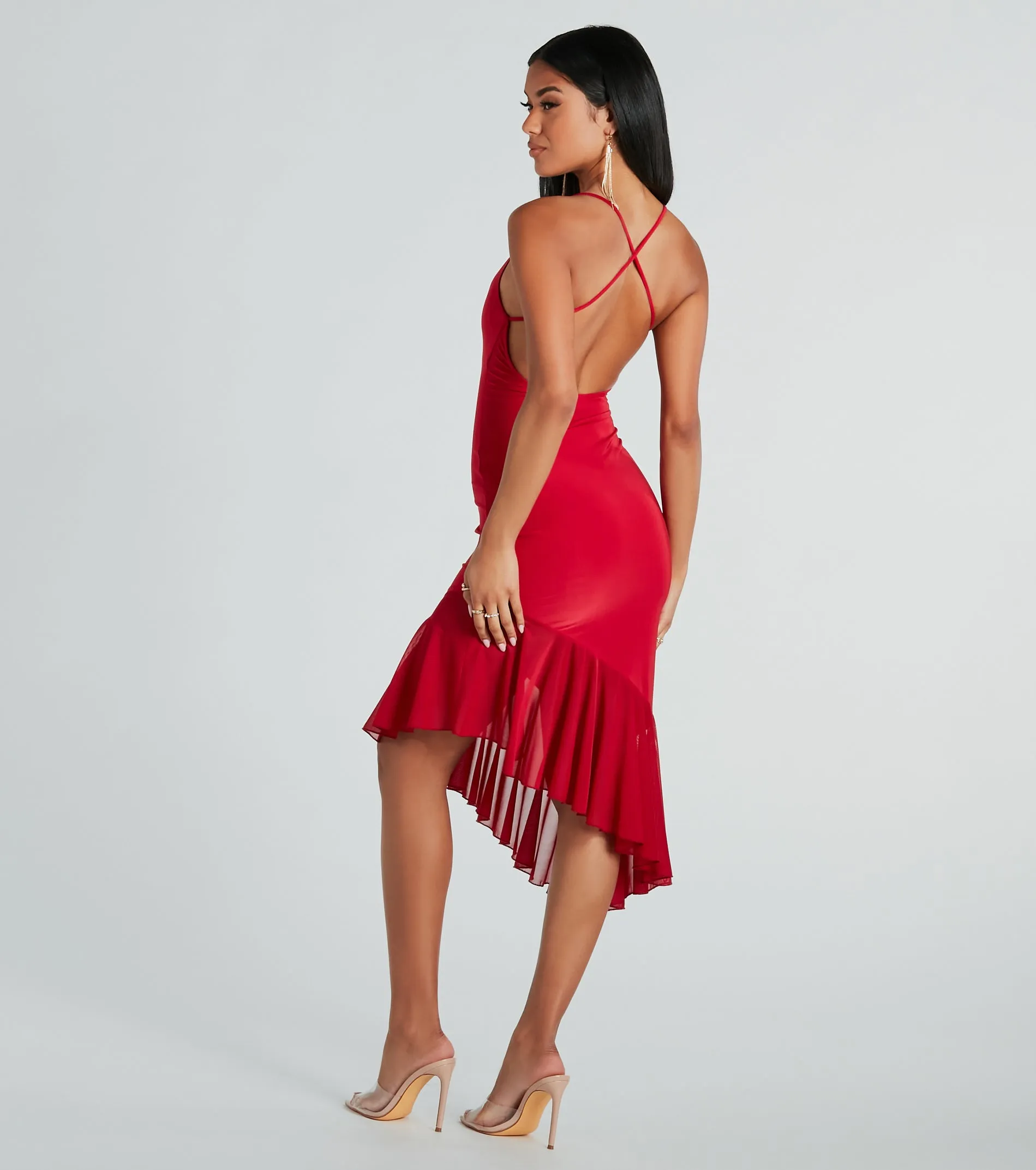 Timeless Allure Cowl Neck Mesh Ruffle Midi Dress sold by Windsor product image thumbnail 2