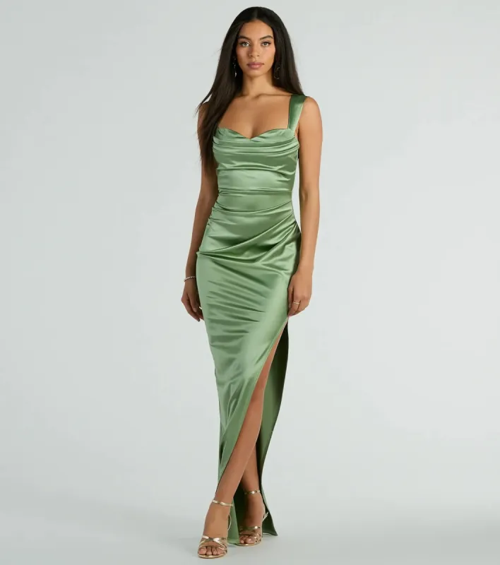 Kirsten Satin Cowl Neck High Slit Formal Dress sold by Windsor