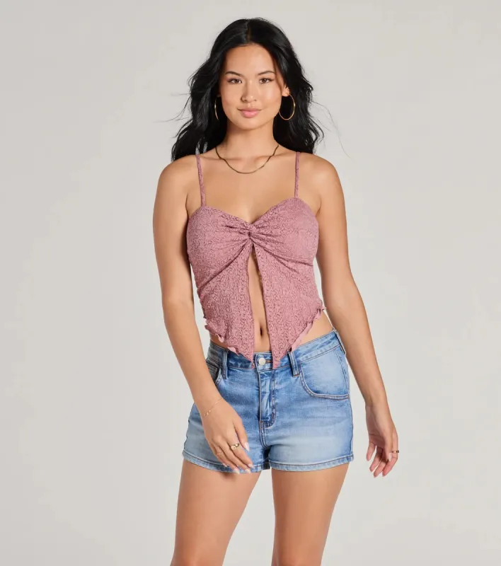 Sweetly Coy V-Neck Slit Lace Crop Top sold by Windsor