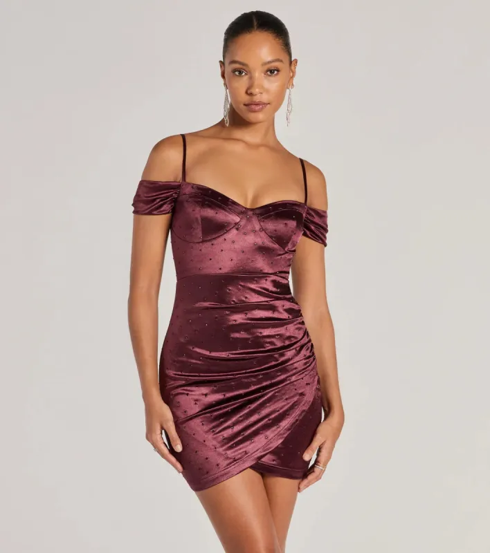 Luxe Cold-Shoulder Rhinestone Satin Mini Dress sold by Windsor