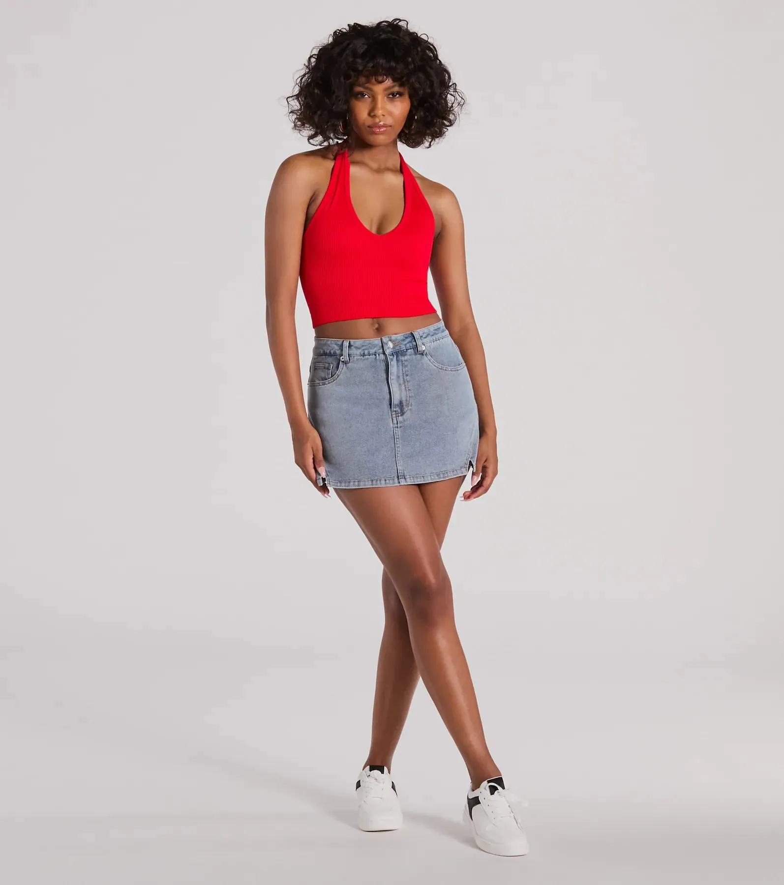 Favorite Look High-Rise Slit Mini Denim Skort sold by Windsor