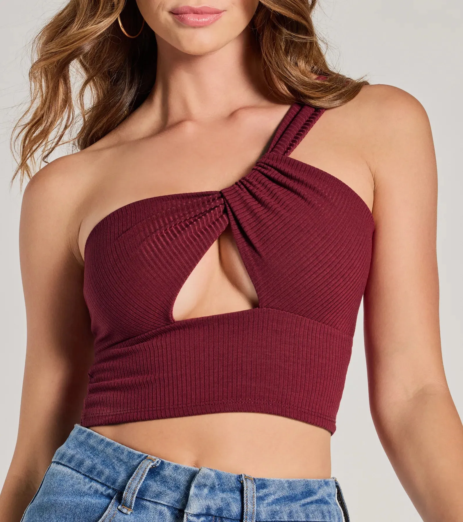 Here To Slay One-Shoulder Cutout Knit Crop Top sold by Windsor product image thumbnail 4