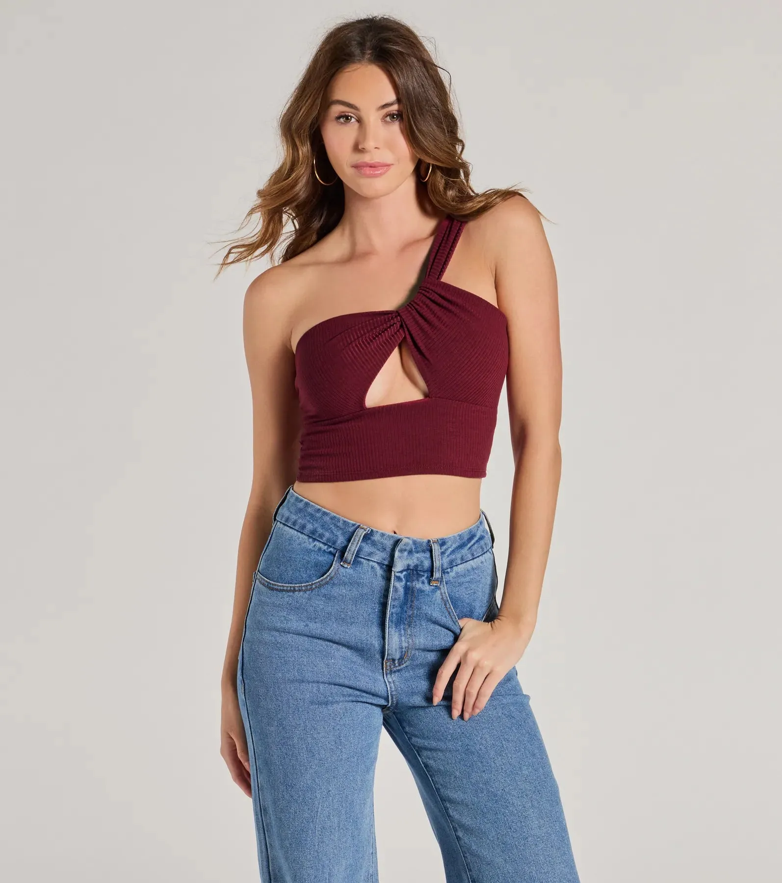 Here To Slay One-Shoulder Cutout Knit Crop Top sold by Windsor